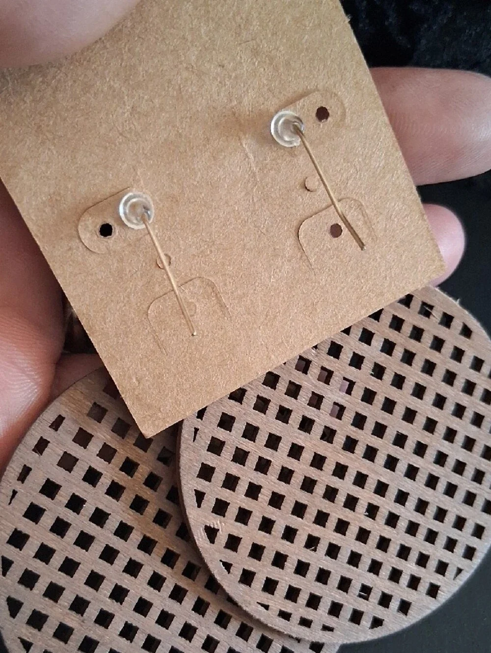 Plunder Laser-Cut Round Brown Wood Lattice Earrings